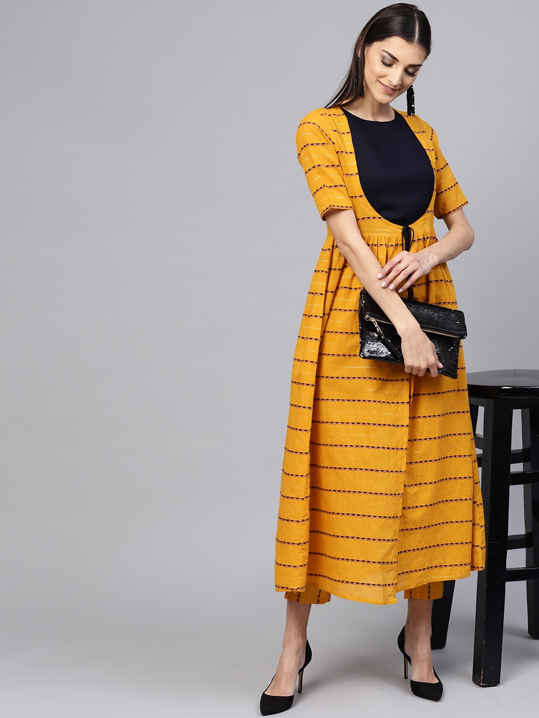 

Libas Women Mustard Yellow & Navy Blue Striped Layered Kurta with Trousers