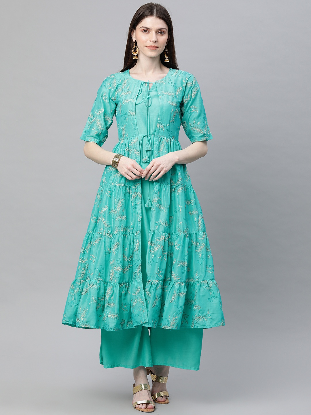 

Libas Women Turquoise Blue & Off-White Printed Kurta with Palazzos & Ethnic Jacket