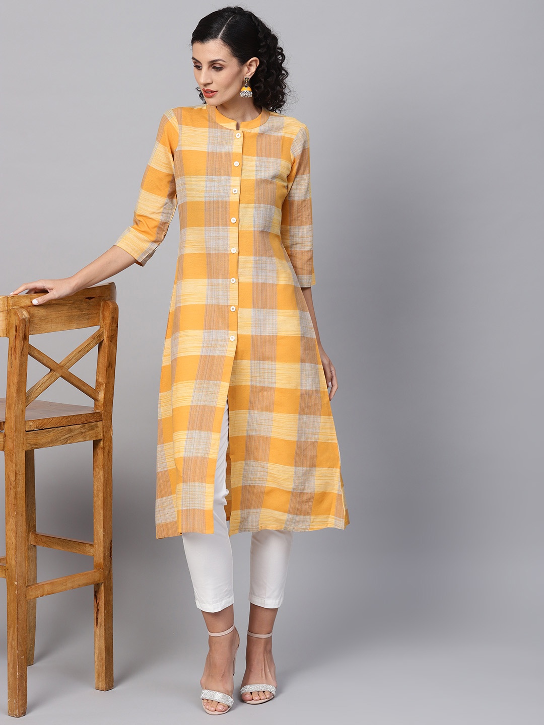 

SOJANYA Women Yellow Checked A-Line Kurta