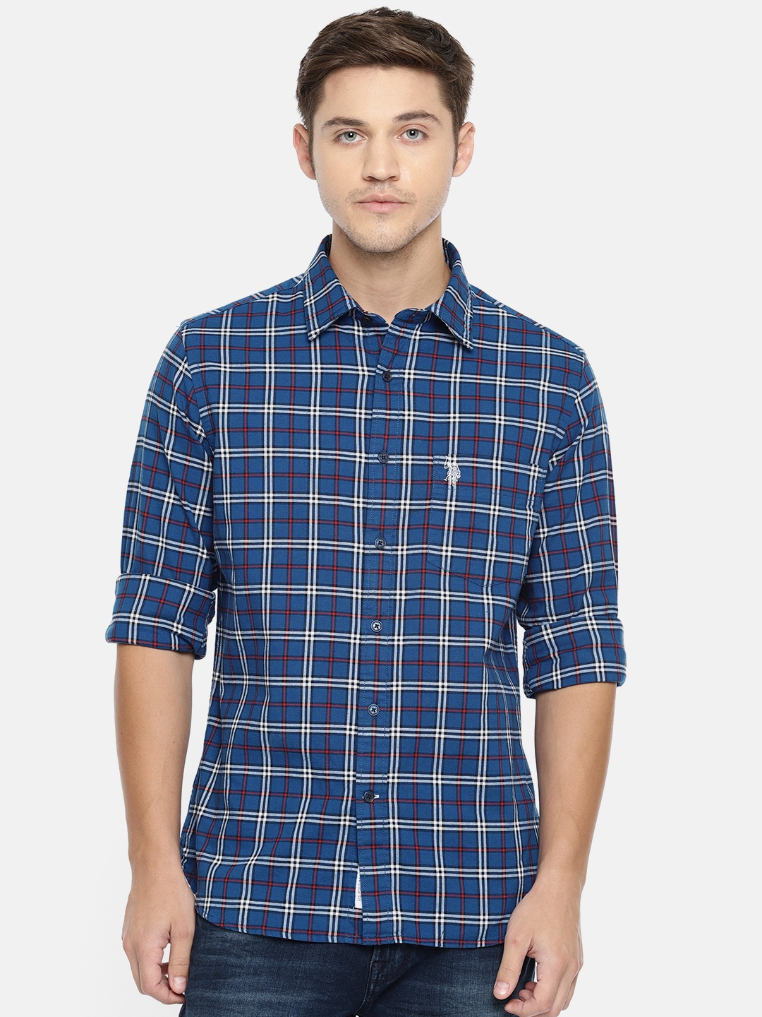 

U.S. Polo Assn. Men Blue & Red Tailored Fit Checked Casual Shirt