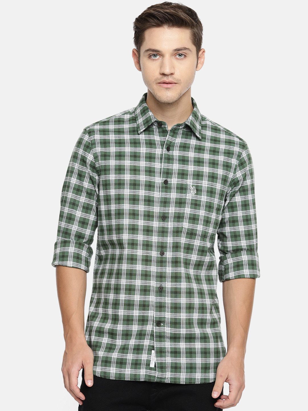 

U.S. Polo Assn. Men Olive Green & White Tailored Fit Checked Casual Shirt