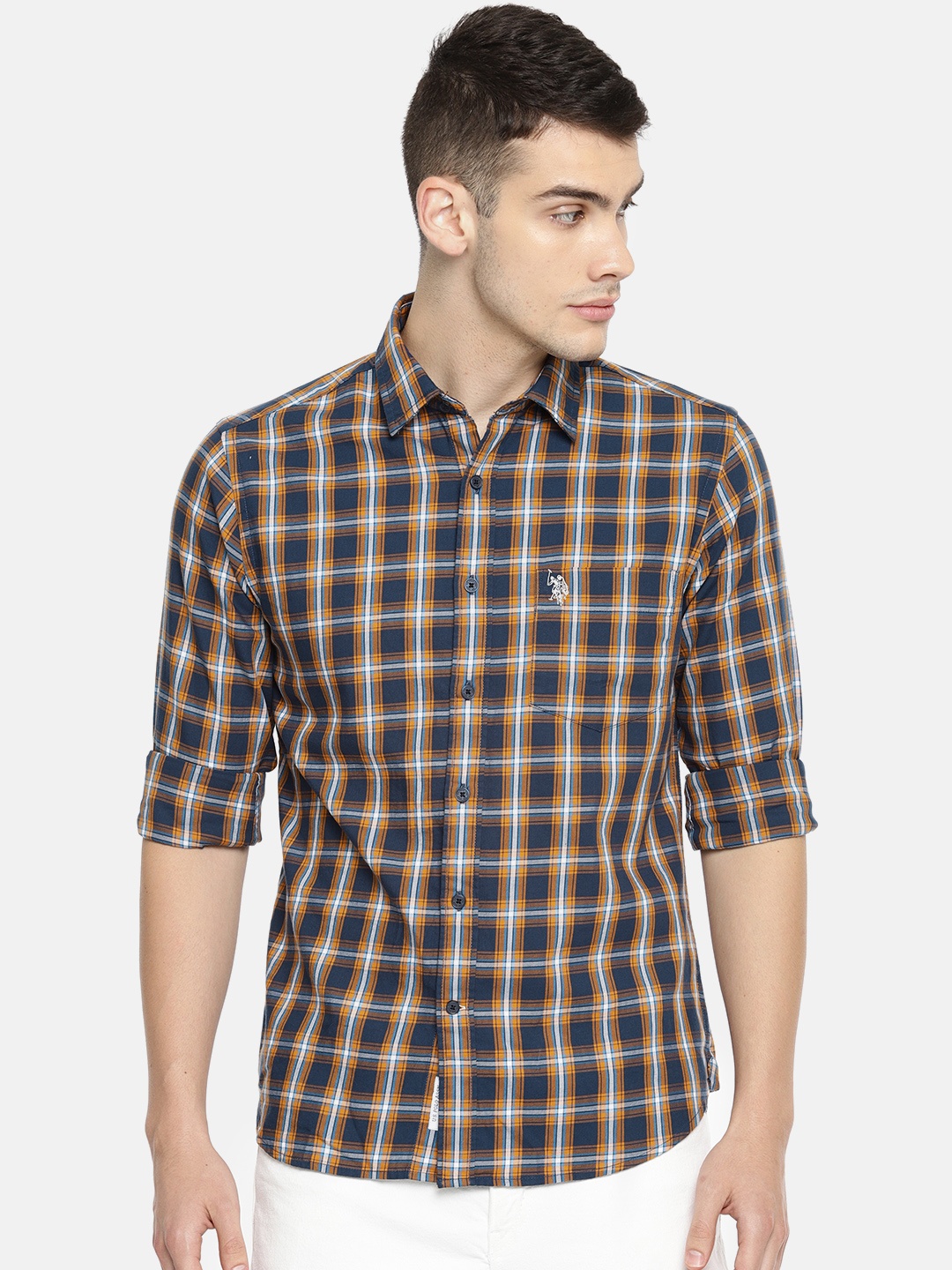 

U.S. Polo Assn. Men Navy Blue & Yellow Tailored Fit Checked Casual Shirt