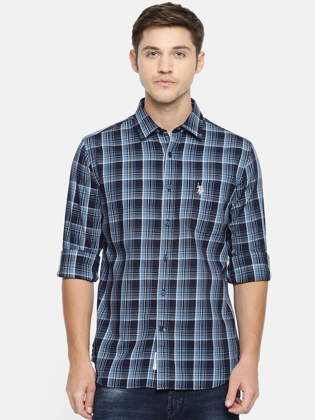 

U.S. Polo Assn. Men Navy Blue & White Tailored Fit Checked Casual Shirt