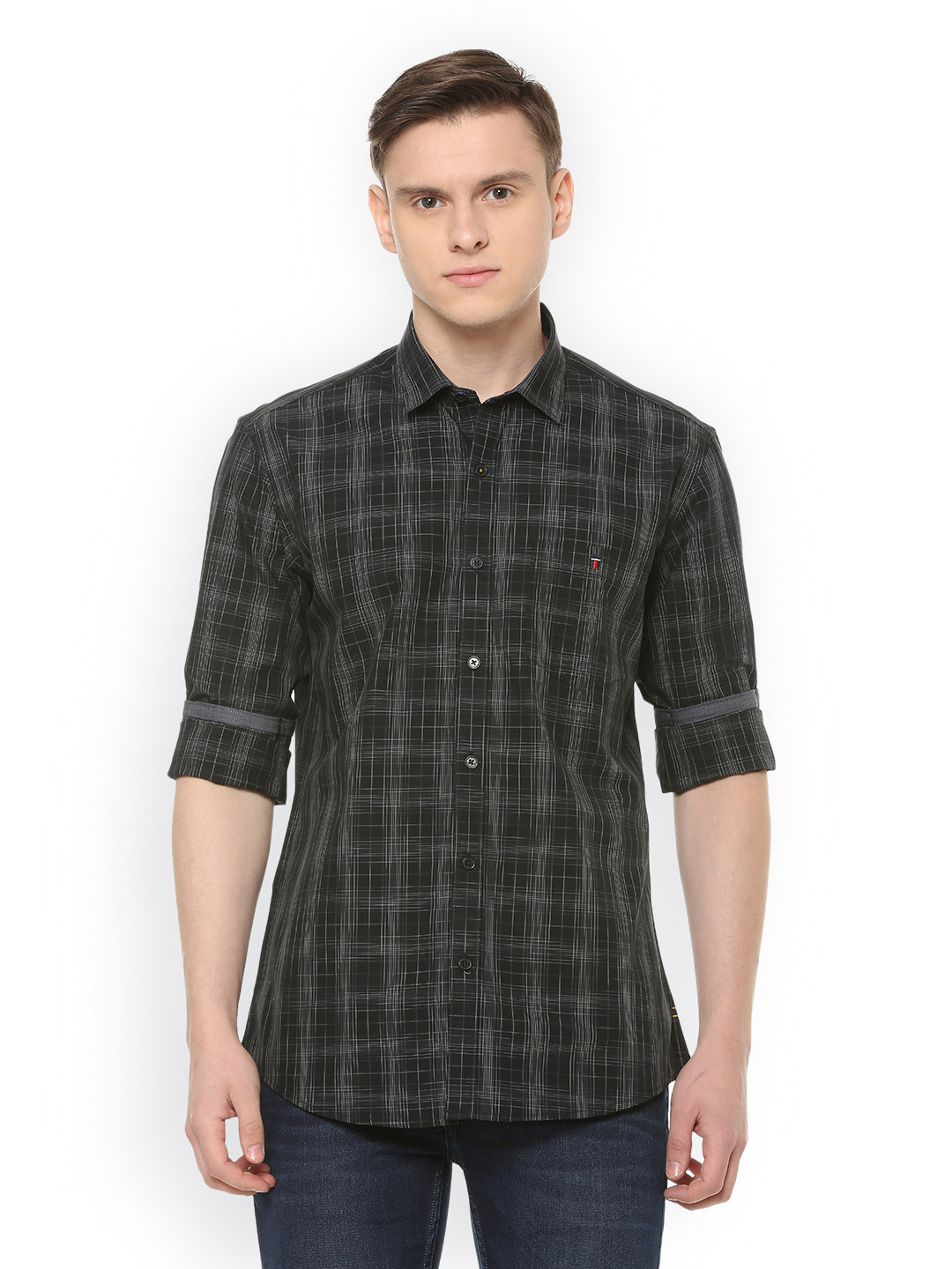 

Louis Philippe Jeans Men Grey & Black Slim Fit Checked Casual Shirt