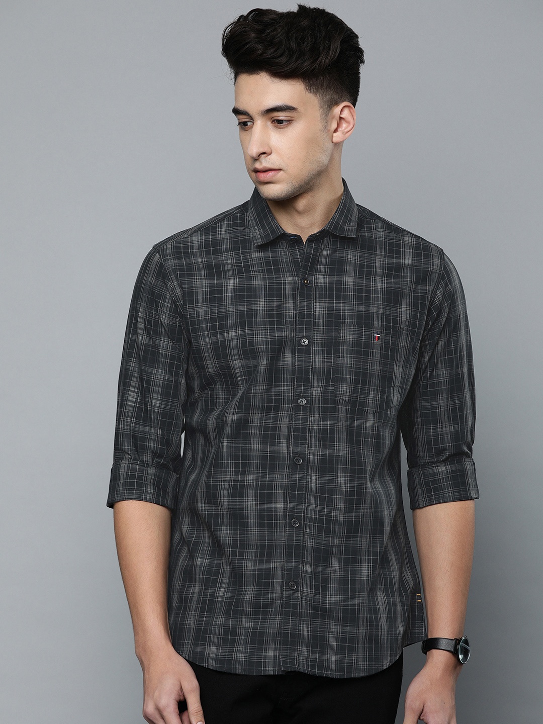 Louis Philippe Jeans Men Grey & Black Slim Fit Checked Casual Shirt