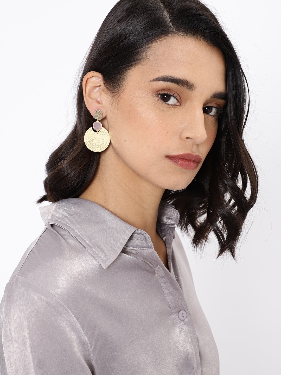 

JQ by Ayesha Pink Handcrafted Brass Hammered Geometric Drop Earrings, Gold