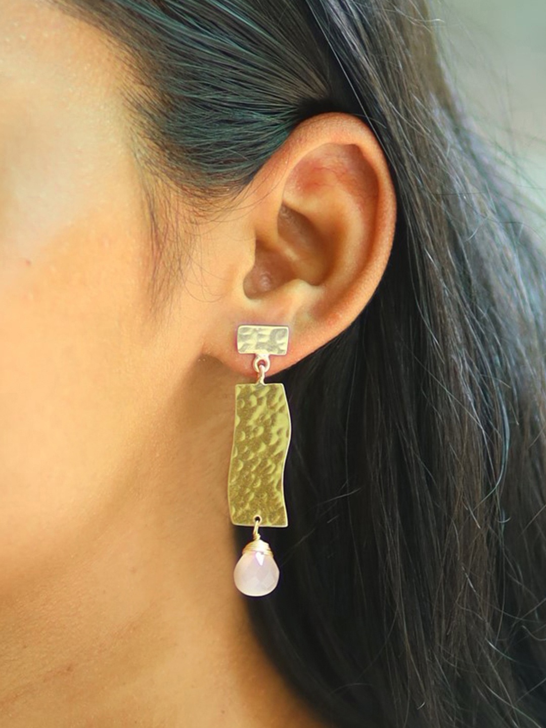 

JQ by Ayesha Pink Handcrafted Brass Hammered Geometric Drop Earrings, Gold