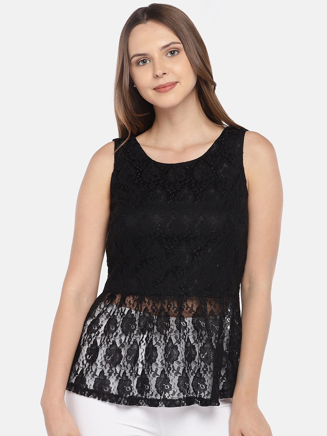 

Globus Women Black Self Design Semi-Sheer Top