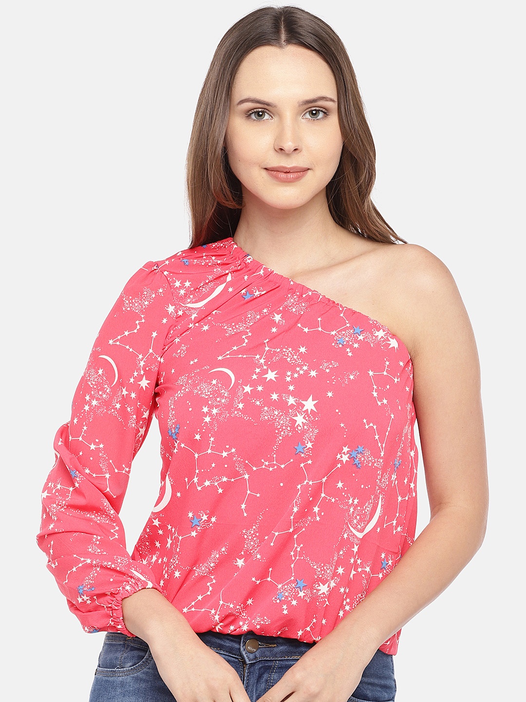 

Globus Women Pink & White Printed One-Shoulder Top