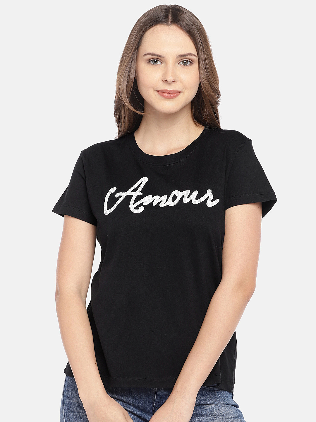

Globus Women Black Printed Round Neck Tshirt