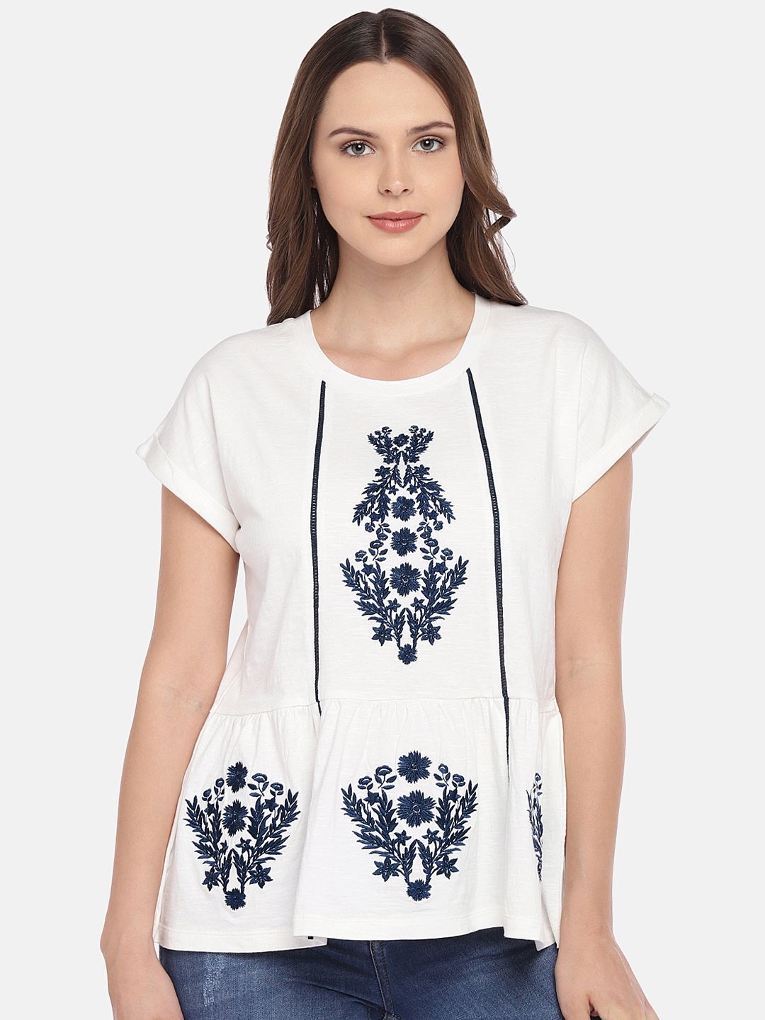 

Globus Women Off- White Embroidered Pure Cotton Top