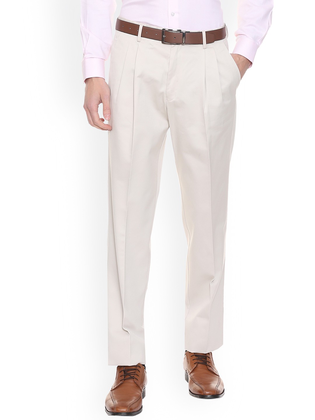 

Louis Philippe Men Cream-Coloured Regular Fit Solid Formal Trousers