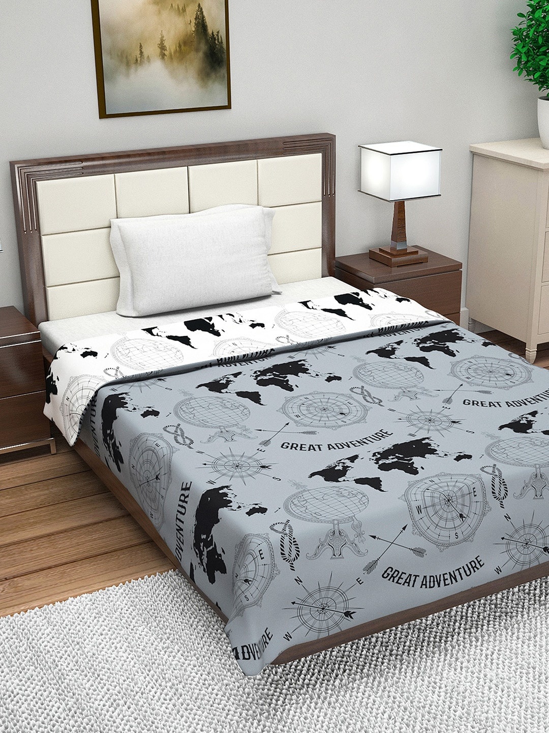 

Divine Casa Grey & Off-White Geometric AC Room 110 GSM Single Bed Dohar