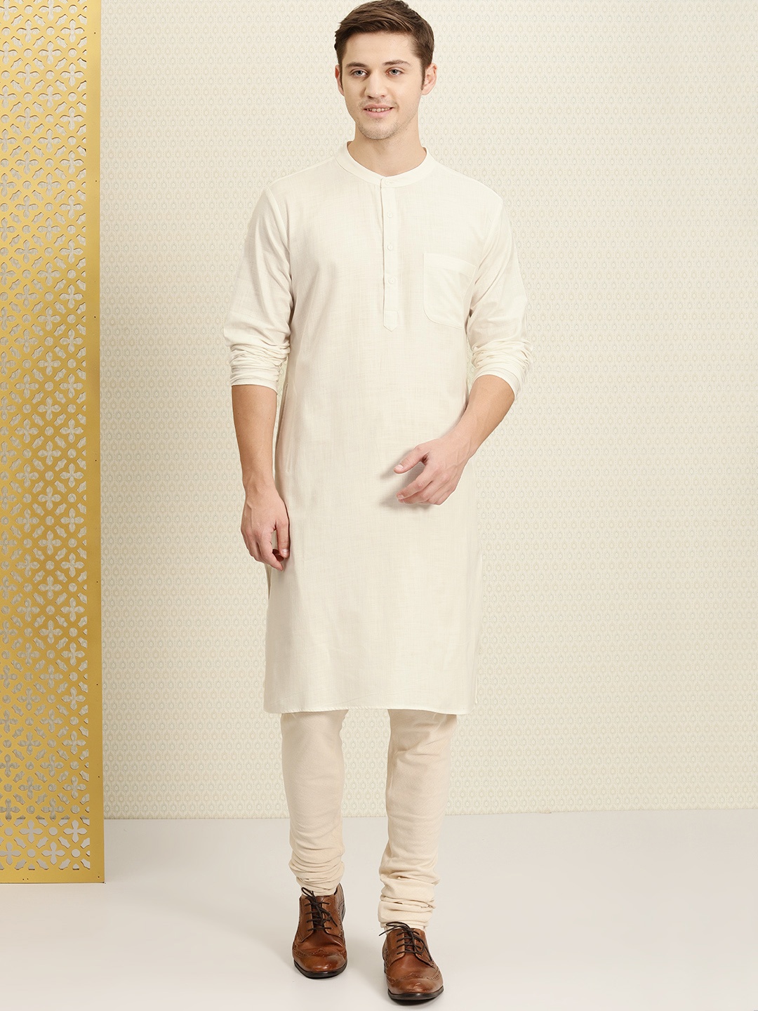 

House of Pataudi Men Cream-Coloured Classic Solid Straight Kurta