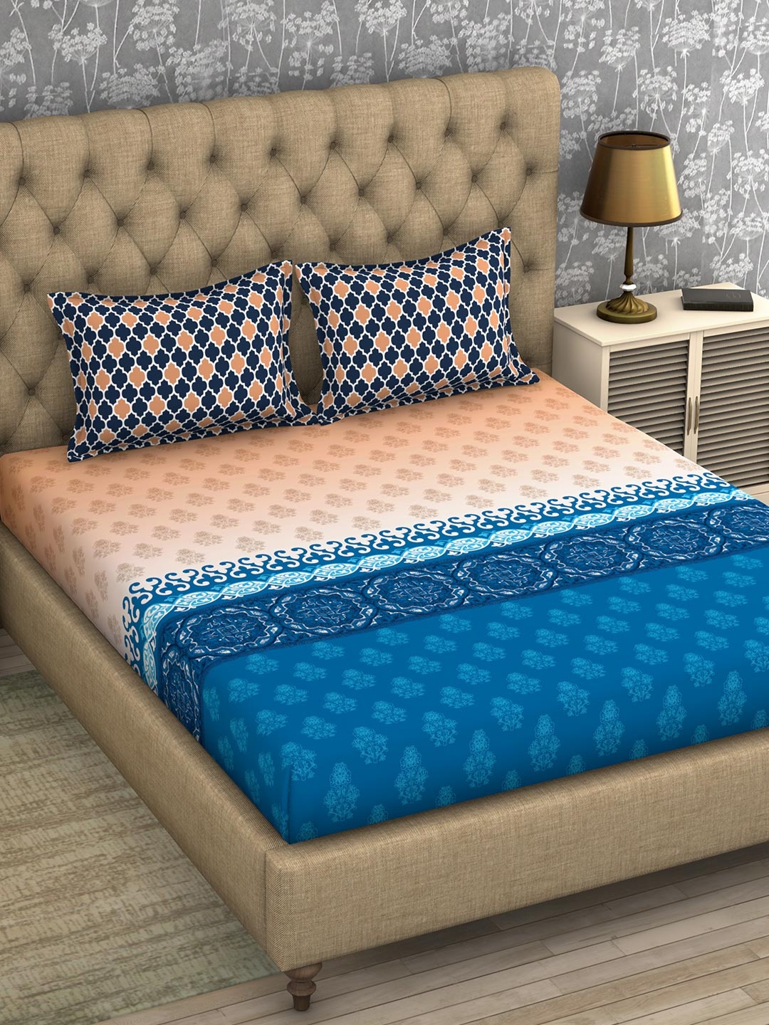 

SPACES Blue & Peach-Coloured Ethnic Motifs 210 TC Cotton 1 Queen Bedsheet with 2 Pillow Covers