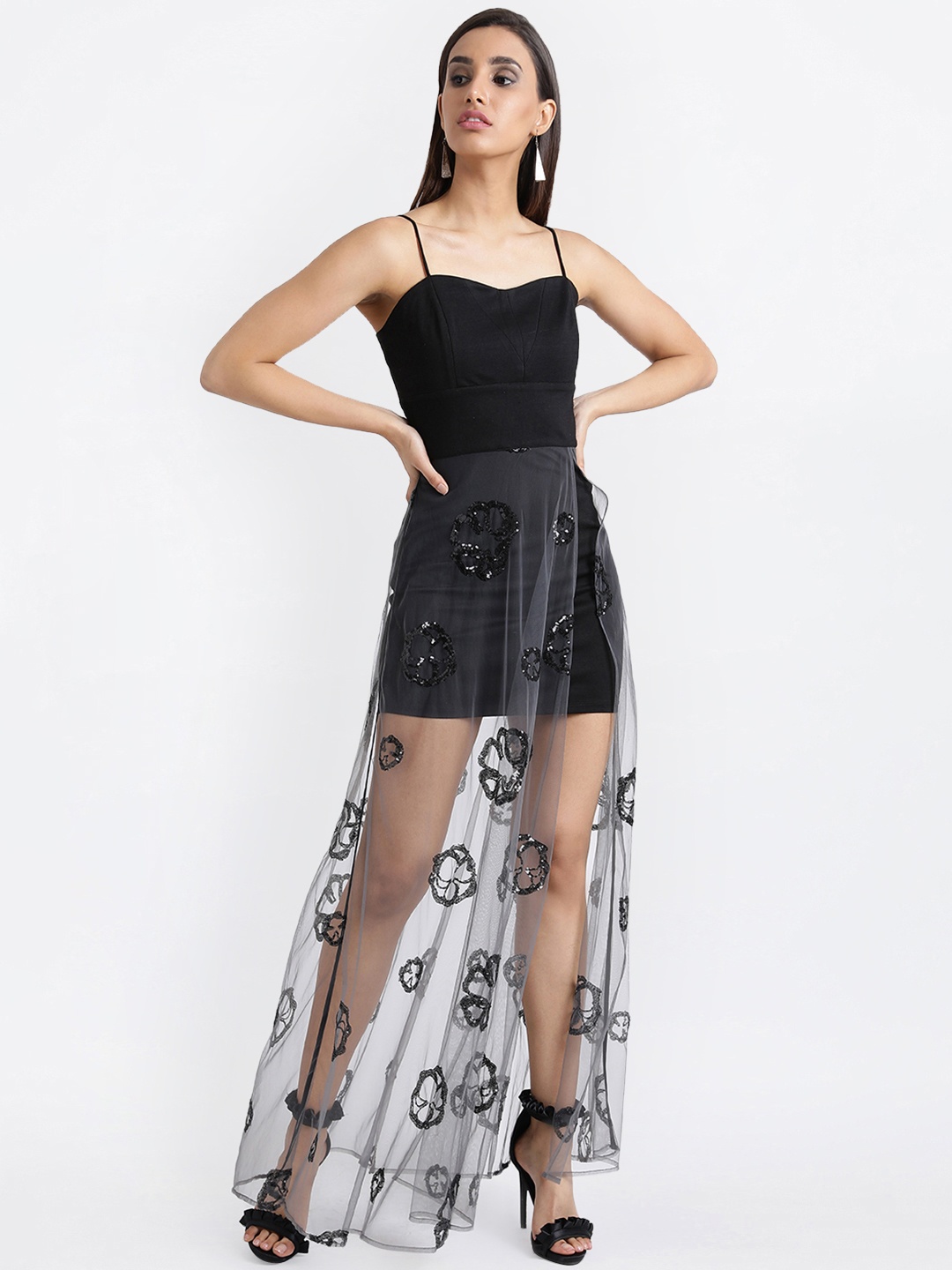 

Kazo Women Black Solid Layered Maxi Dress