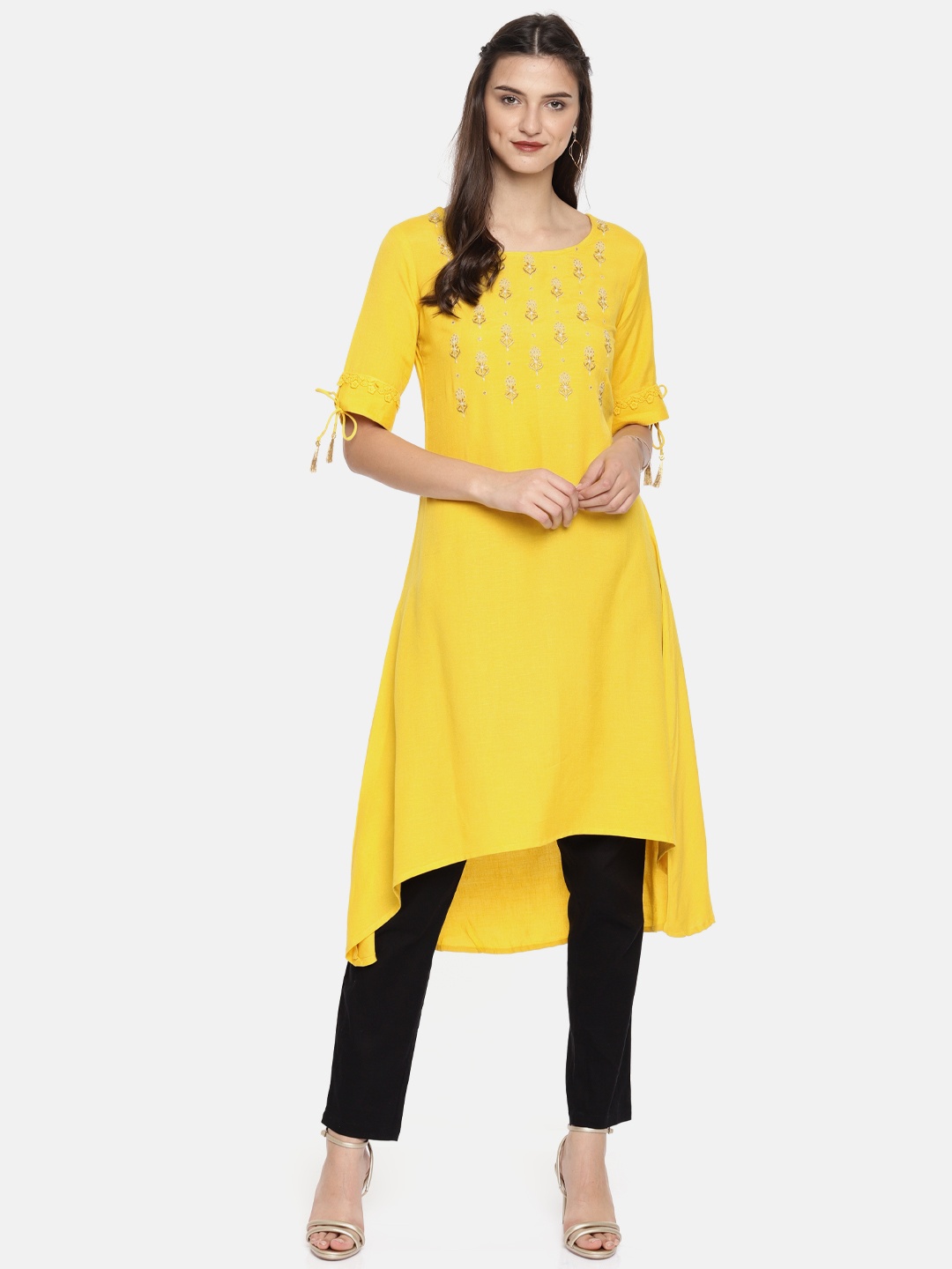 

Span Women Yellow Embroidered A-Line High-Low Hem Kurta