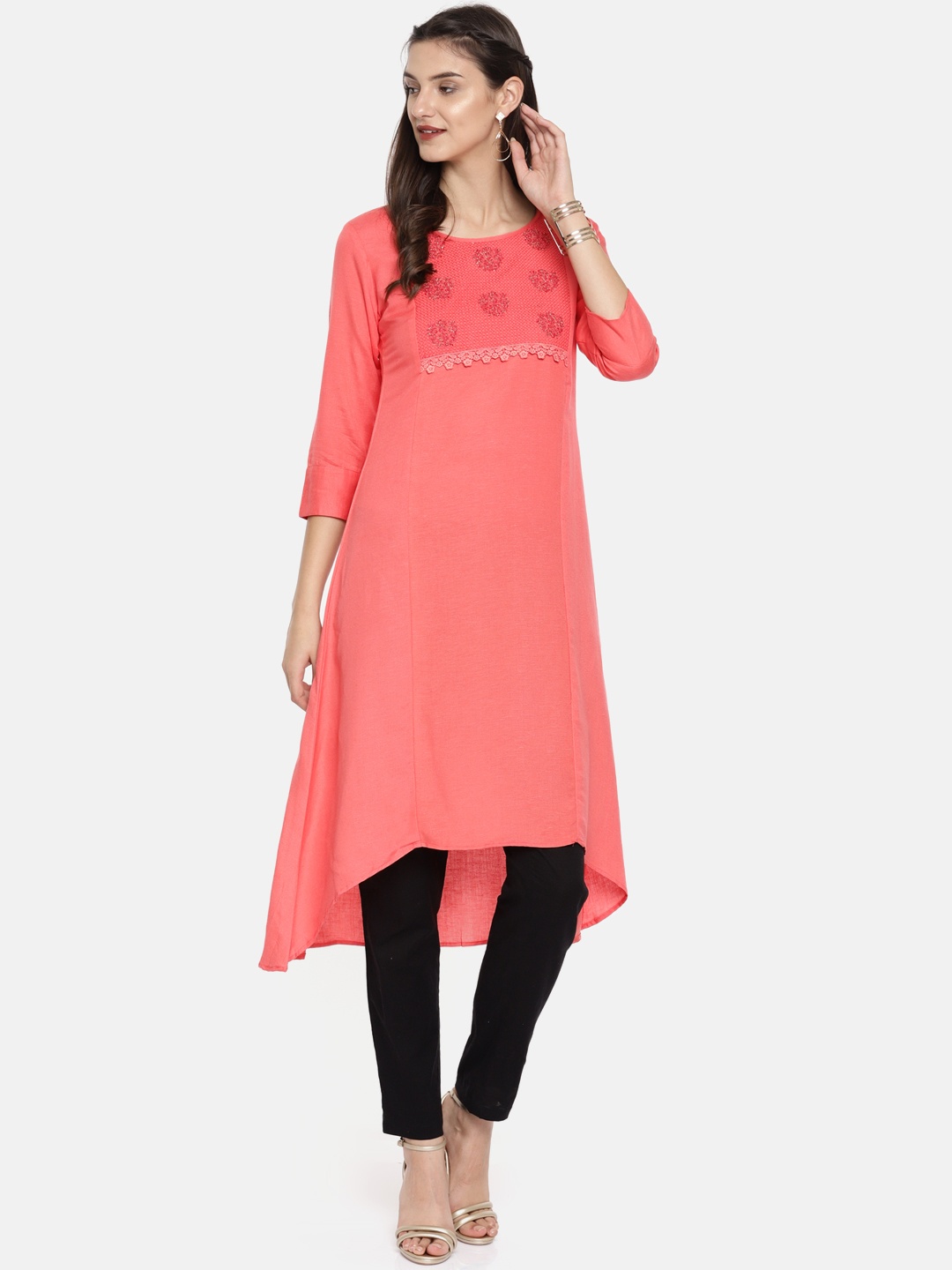 

Span Women Coral Pink Embroidered A-Line Kurta