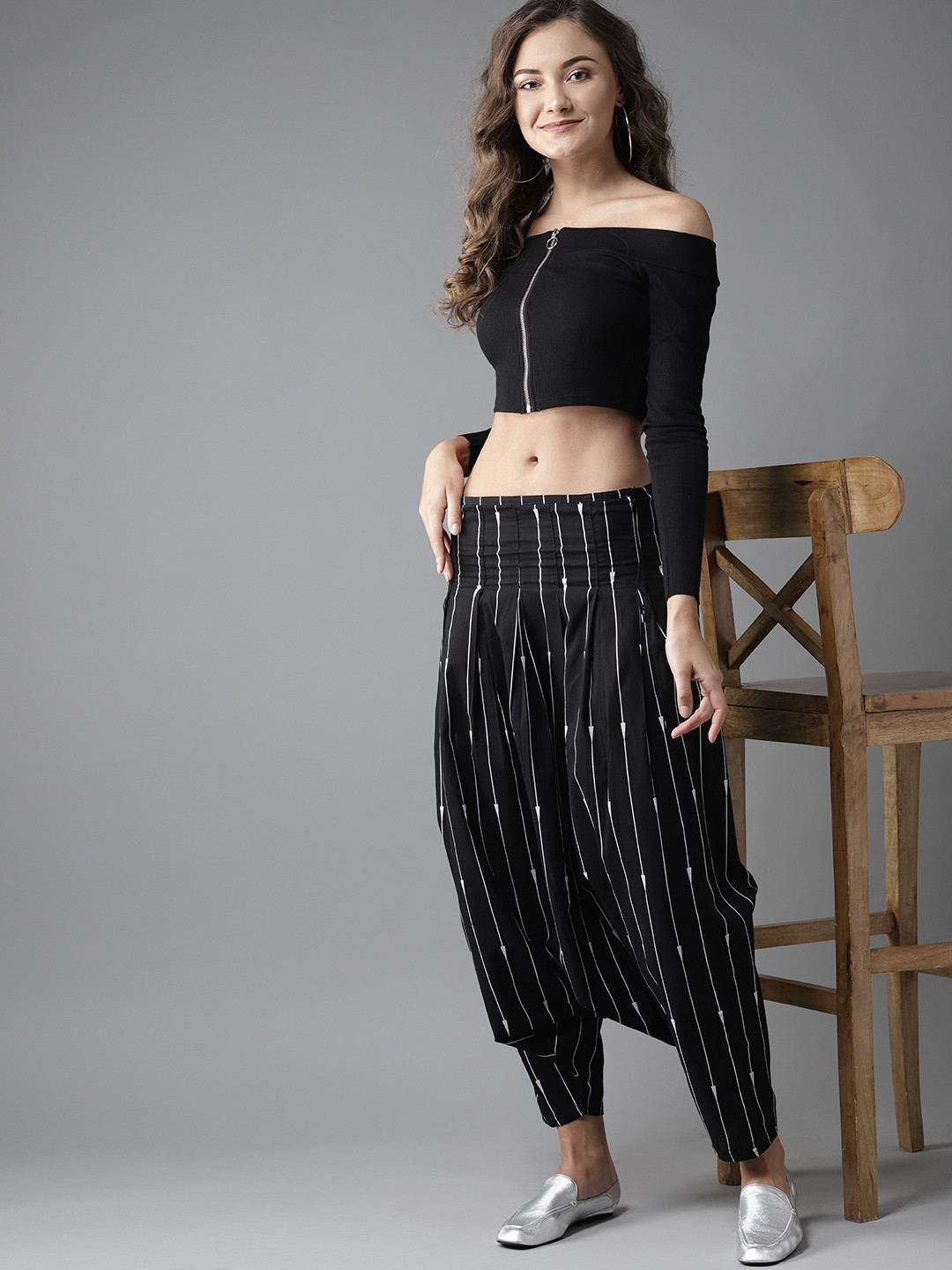 

Moda Rapido Women Black & White Regular Fit Striped Drop Crotch Trousers