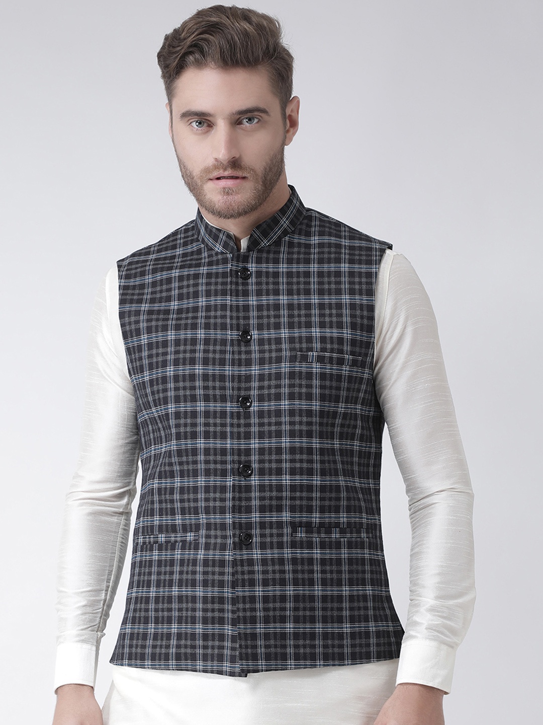 

DEYANN Men Black Checked Woven Nehru Jacket