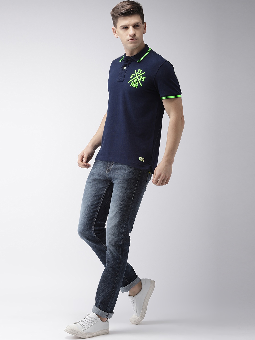 

Flying Machine Men Navy Blue Embroidered Polo Collar Pure Cotton T-shirt