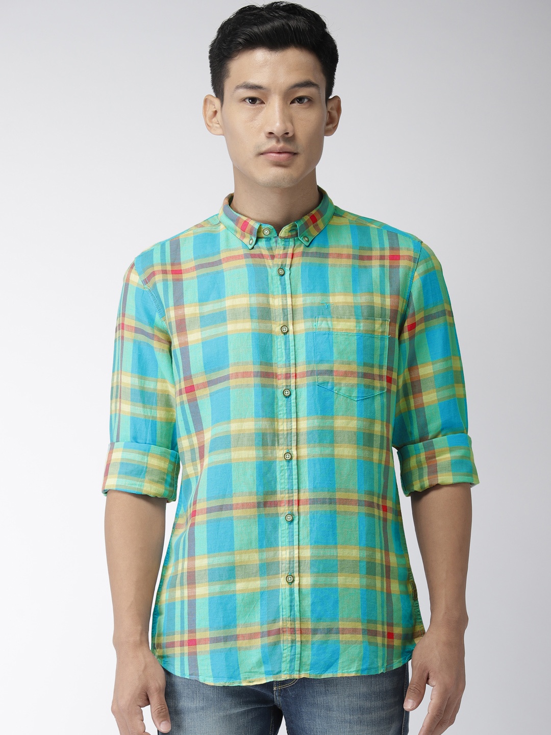 

Flying Machine Men Blue & Yellow Regular Fit Checked Casual Shirt