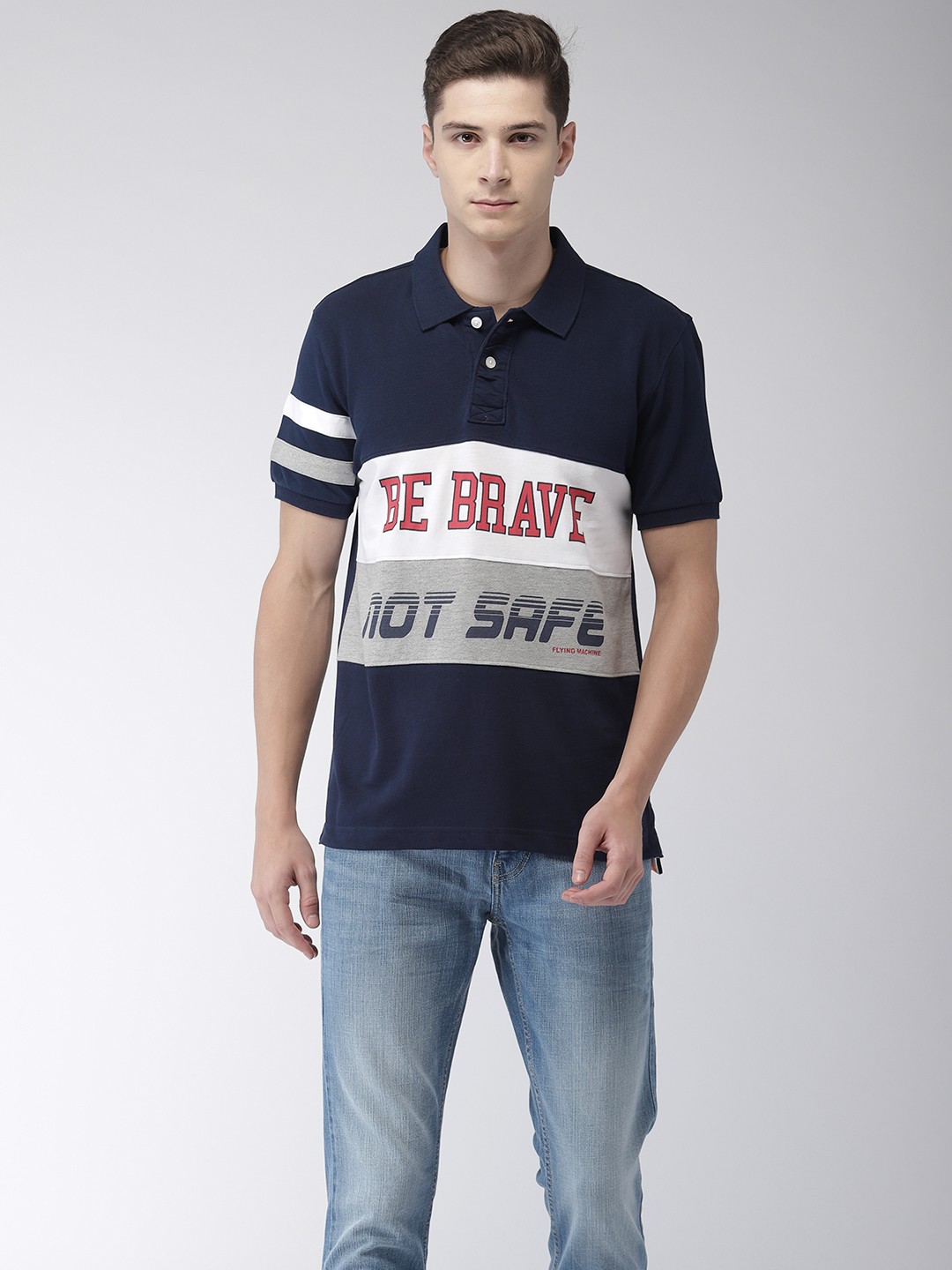 

Flying Machine Men Navy Blue White Printed Polo Collar Pure Cotton T-shirt