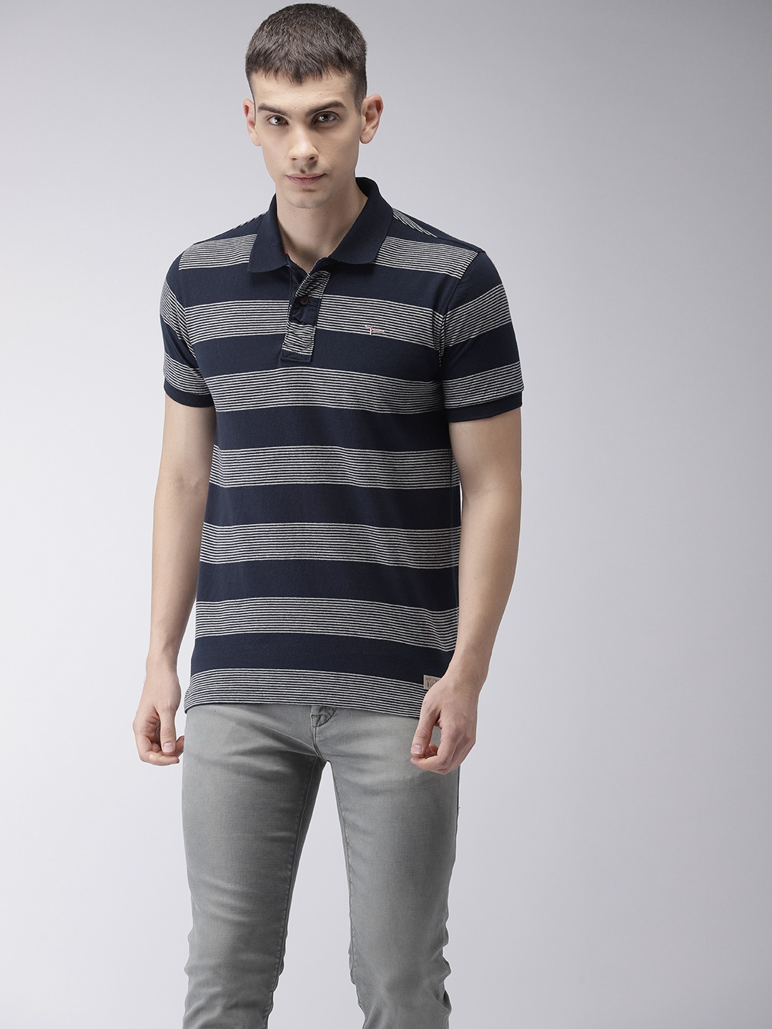 

Flying Machine Men Navy Blue Grey Striped Polo Collar Pure Cotton T-shirt