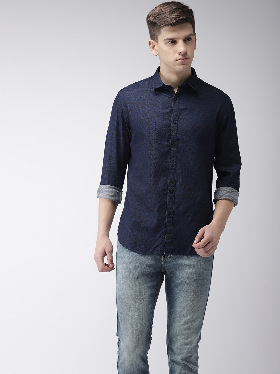 

Flying Machine Men Navy & Black Slim Fit Striped Casual Shirt, Navy blue
