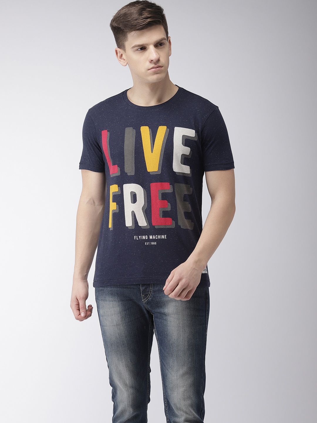 

Flying Machine Men Navy Blue Printed Round Neck T-shirt