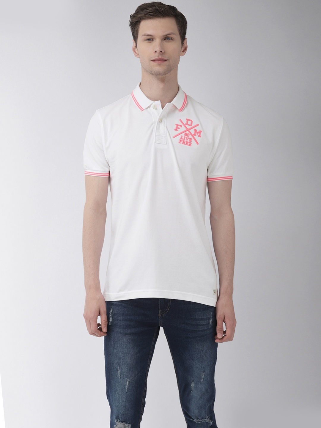 

Flying Machine Men White Pink Solid Polo Collar Pure Cotton T-shirt