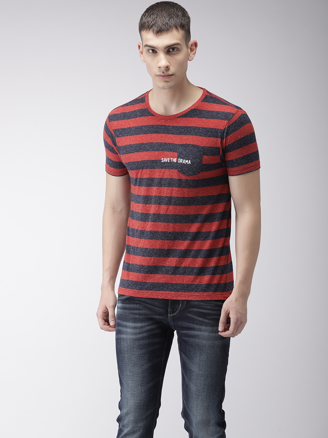 

Flying Machine Men Red & Navy Blue Striped Round Neck T-shirt