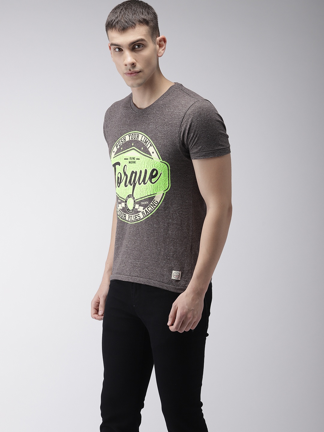 

Flying Machine Men Grey & Fluorescent Green Printed Round Neck T-shirt