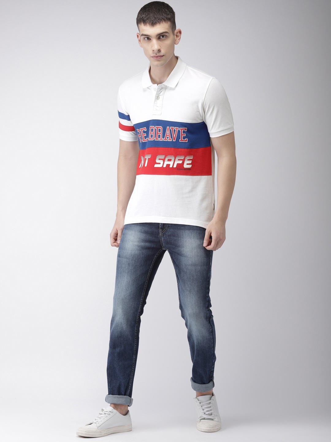 

Flying Machine Men White, Blue & Red Colourblocked Polo Collar T-shirt