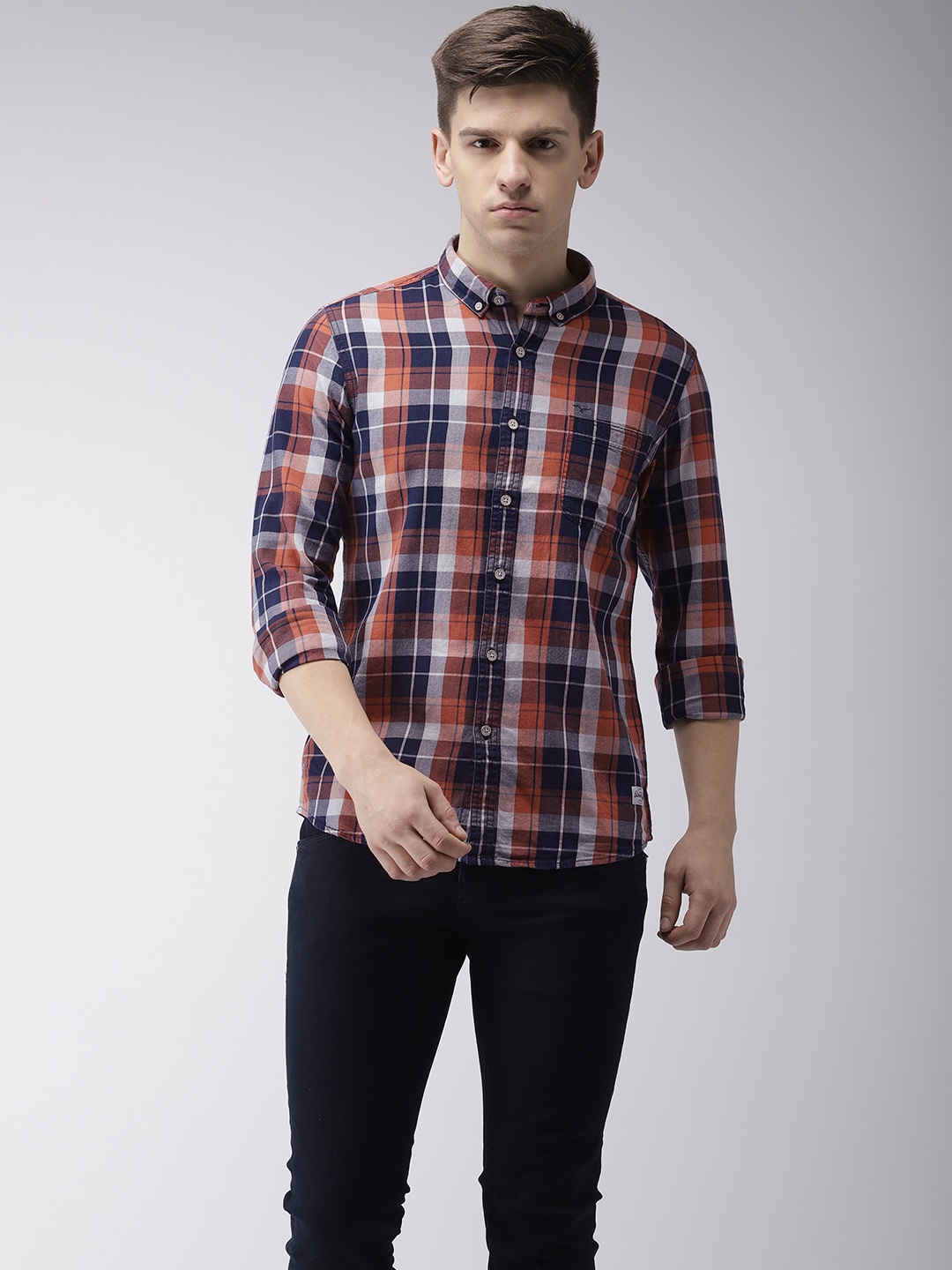 

Flying Machine Men Orange & Navy Blue Regular Fit Checked Casual Shirt