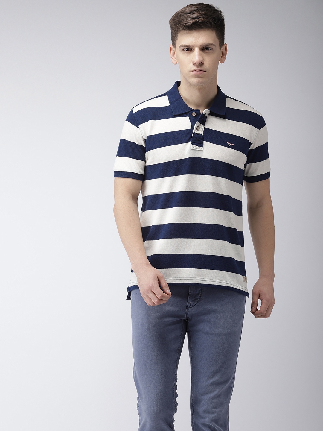 

Flying Machine Men Navy Blue White Striped Polo Collar Pure Cotton T-shirt
