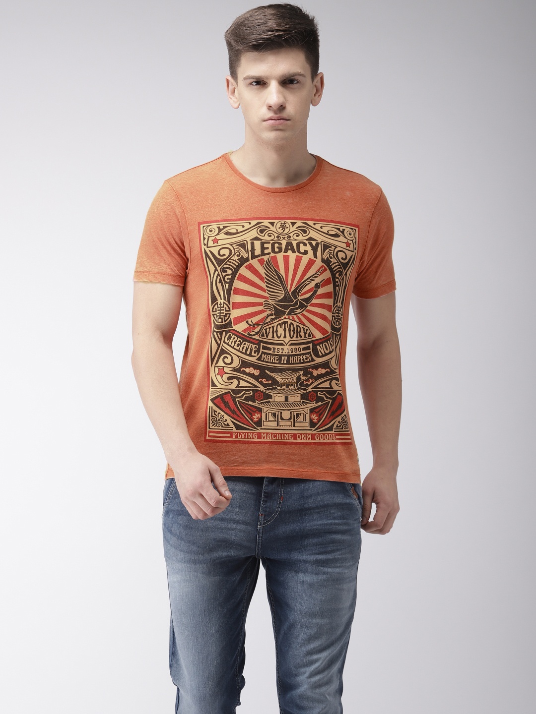 

Flying Machine Men Rust Orange Printed Round Neck T-shirt