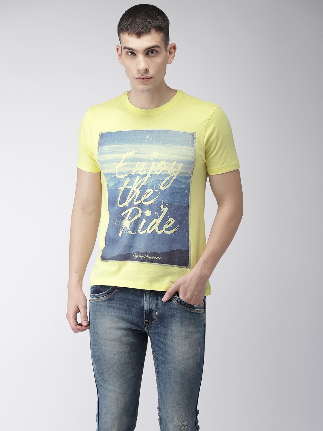 

Flying Machine Men Yellow Printed Round Neck Pure Cotton T-shirt