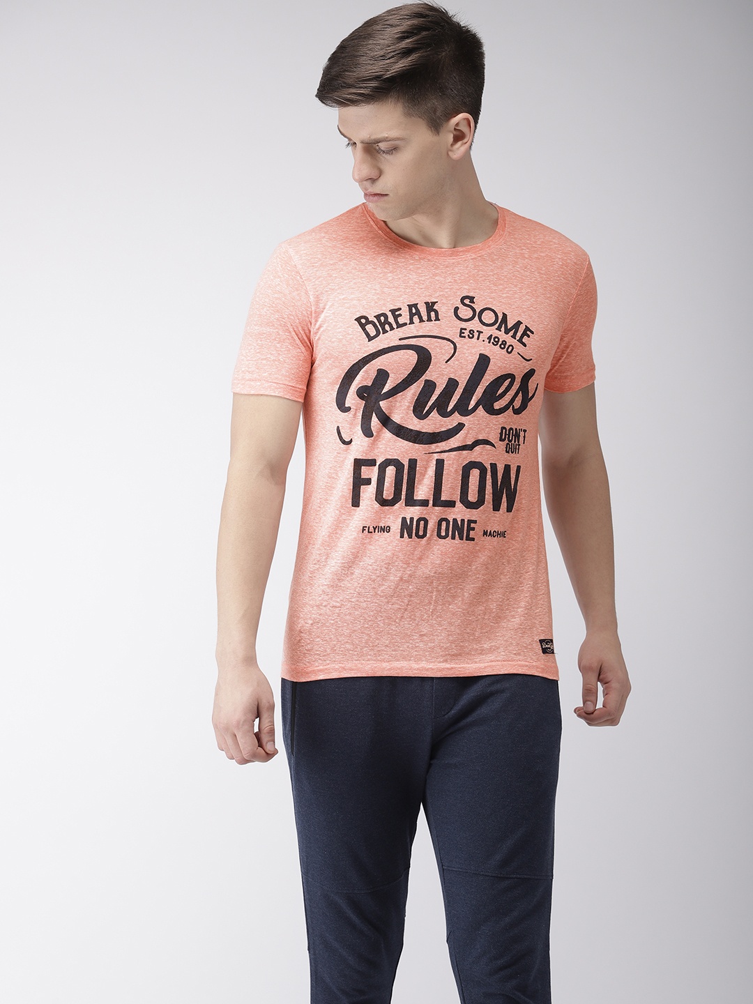

Flying Machine Men Peach-Coloured Printed Round Neck T-shirt