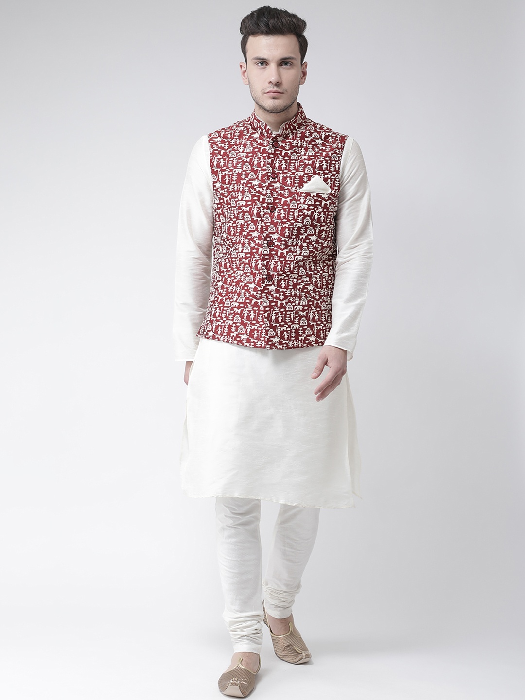 

DEYANN Men White & Maroon Solid Kurta with Churidar & Nehru Jacket