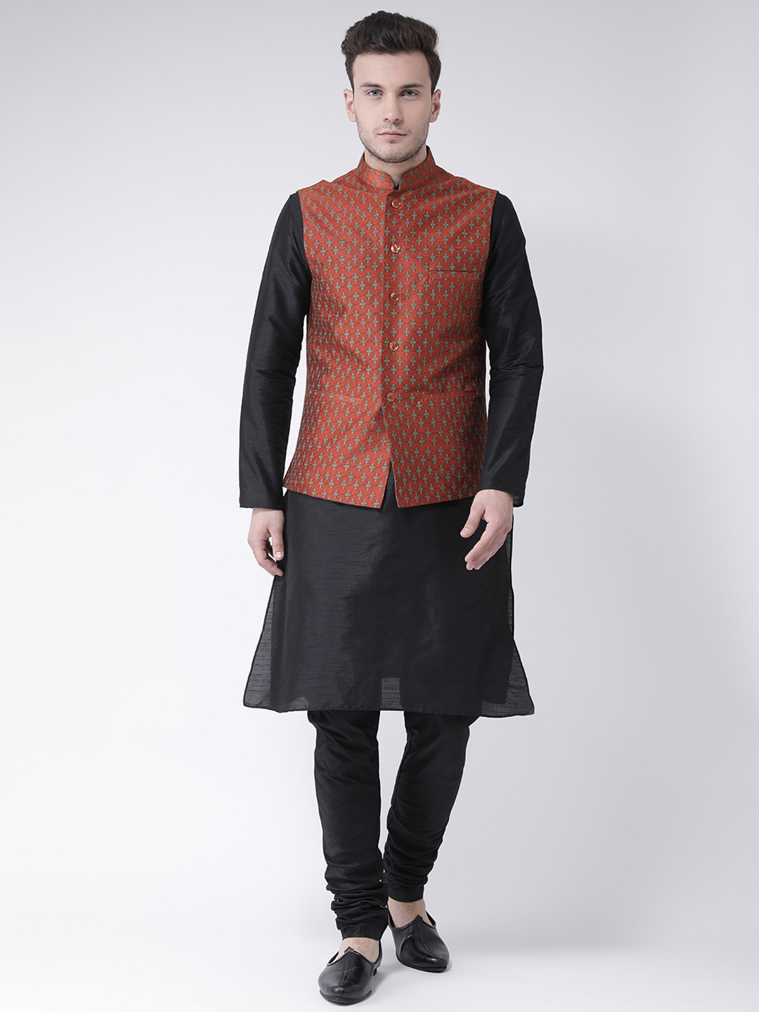 

DEYANN Men Black & Rust Red Solid Kurta with Pyjamas & Nehru Jacket