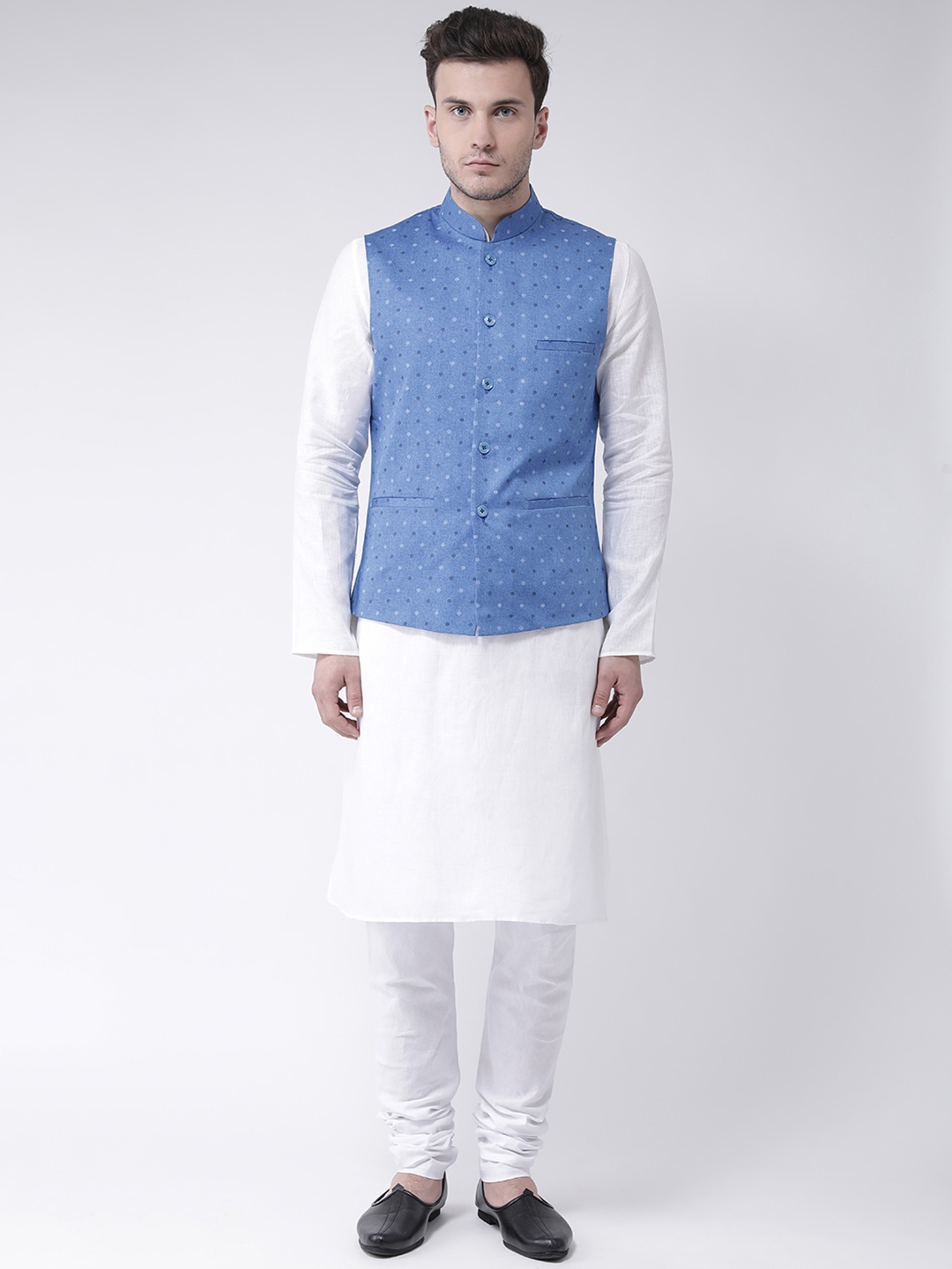 

DEYANN Men White & Blue Solid Kurta with Churidar & Nehru Jacket