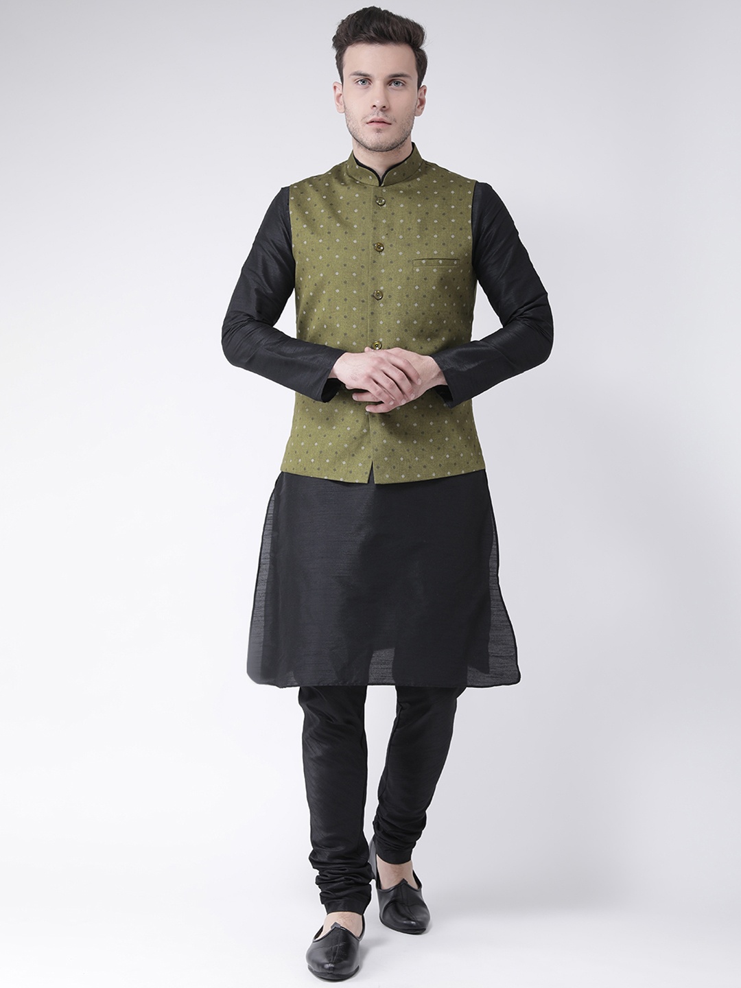 

DEYANN Men Navy Blue & Olive Green Solid Kurta with Pyjamas & Nehru Jacket