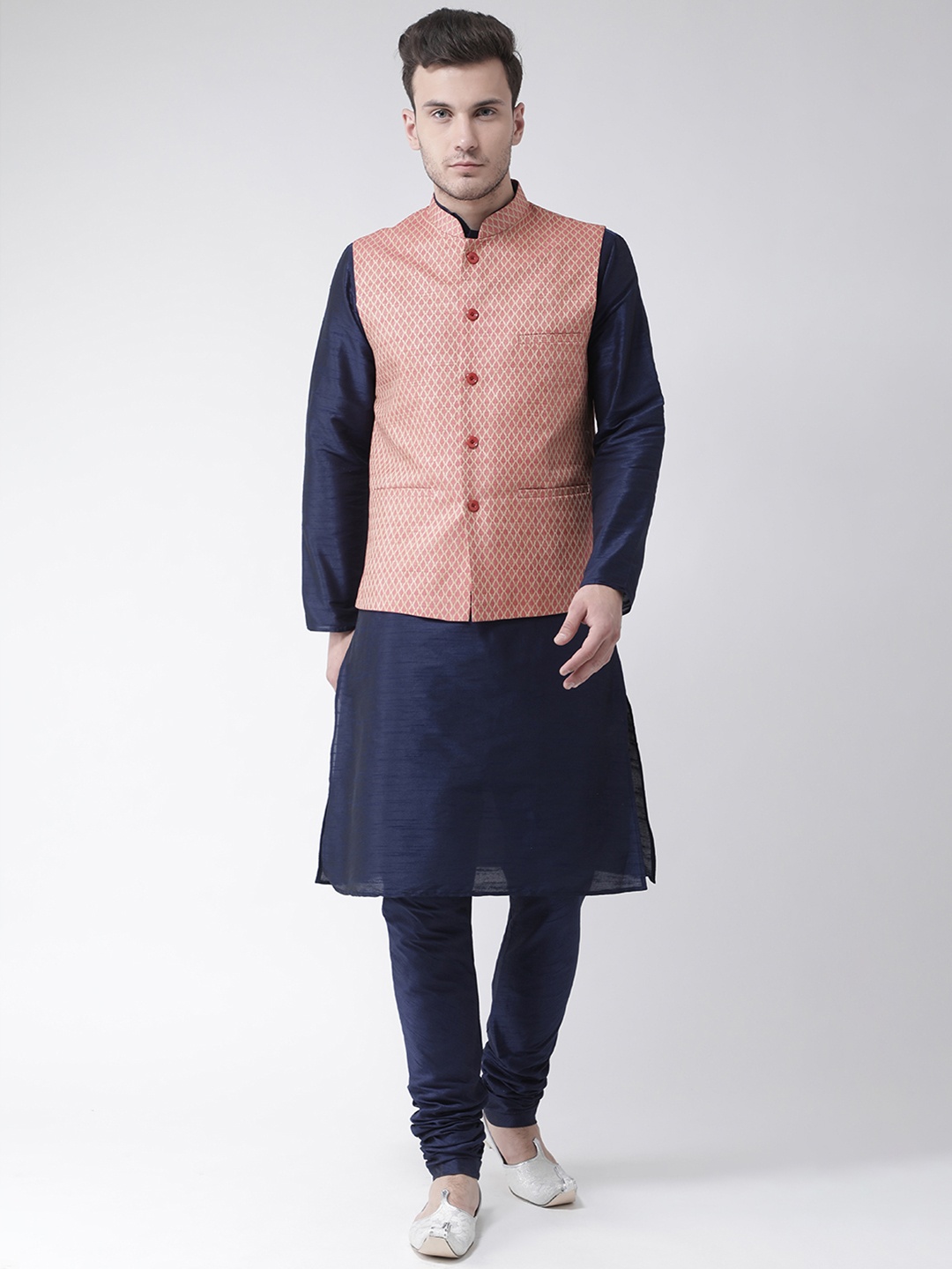 

DEYANN Men Navy Blue & Pink Solid Kurta with Pyjamas & Nehru Jacket
