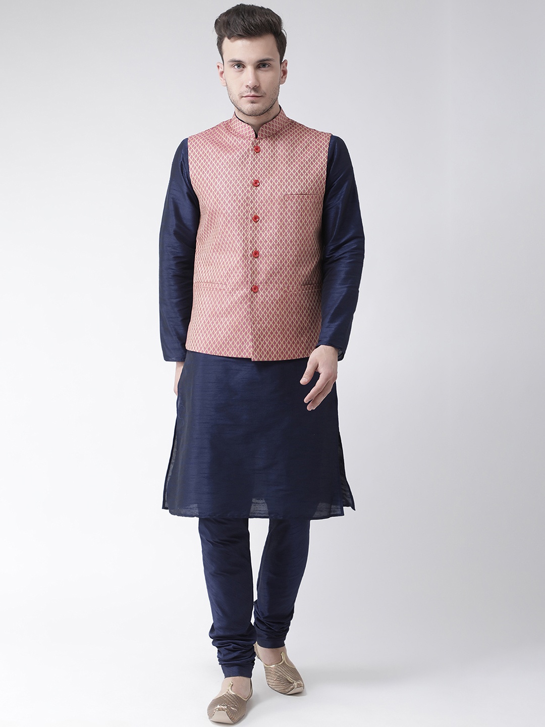 

DEYANN Men Navy Blue & Pink Solid Kurta with Pyjamas & Nehru Jacket