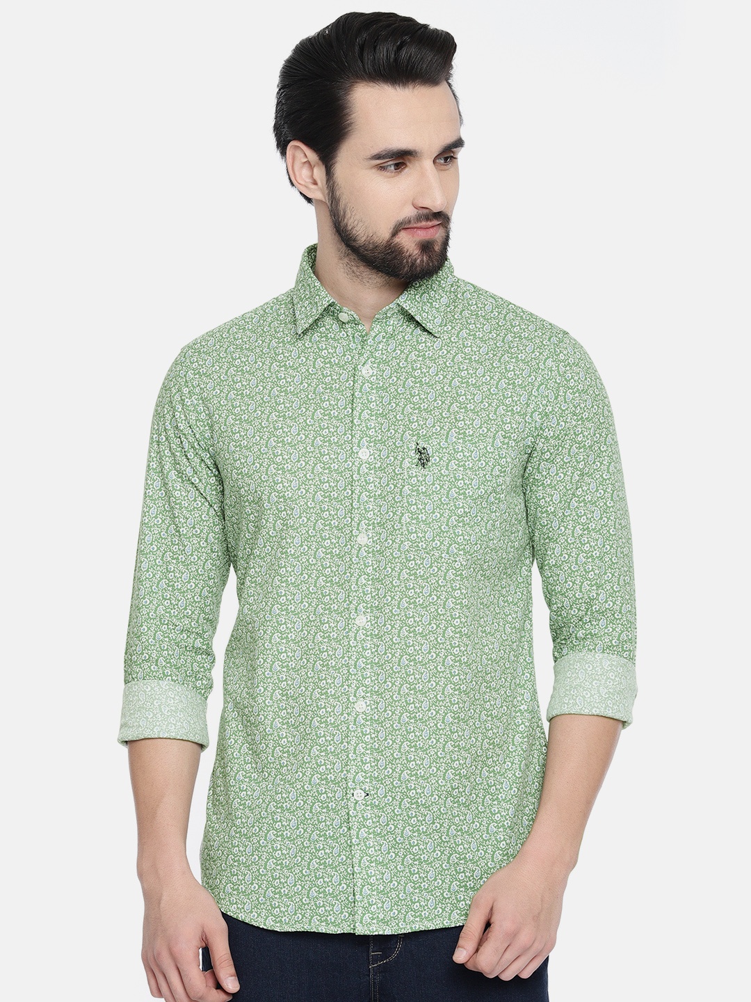 

U.S. Polo Assn. Men Green Tailored Fit Printed Casual Shirt