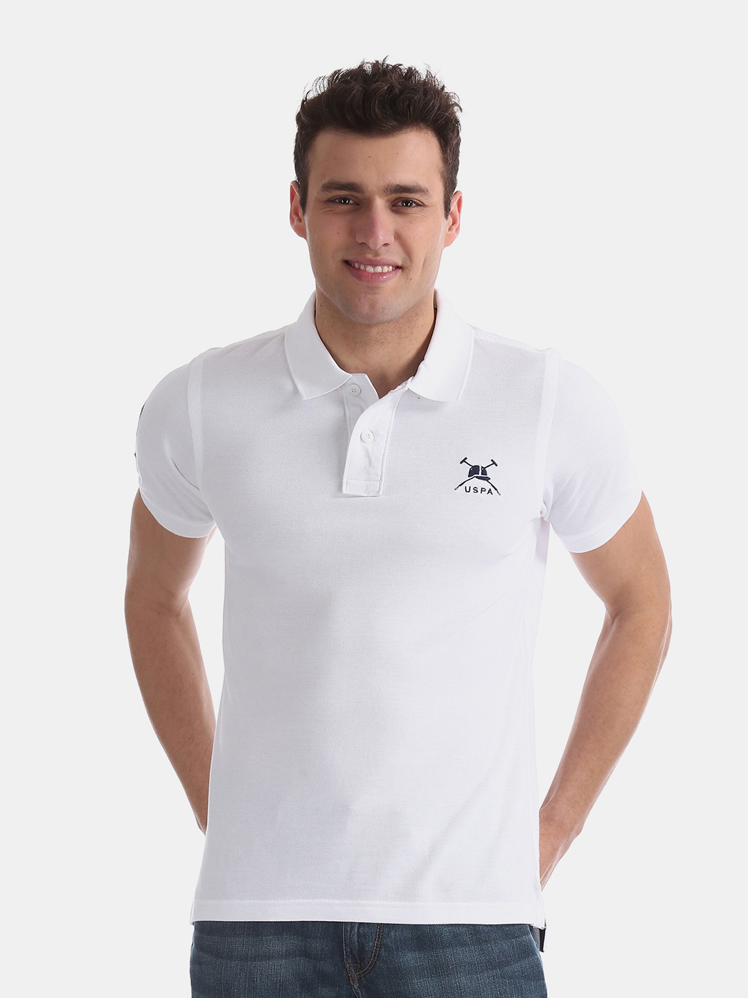 

U.S. Polo Assn. Men White Solid Polo Collar Pure Cotton T-shirt