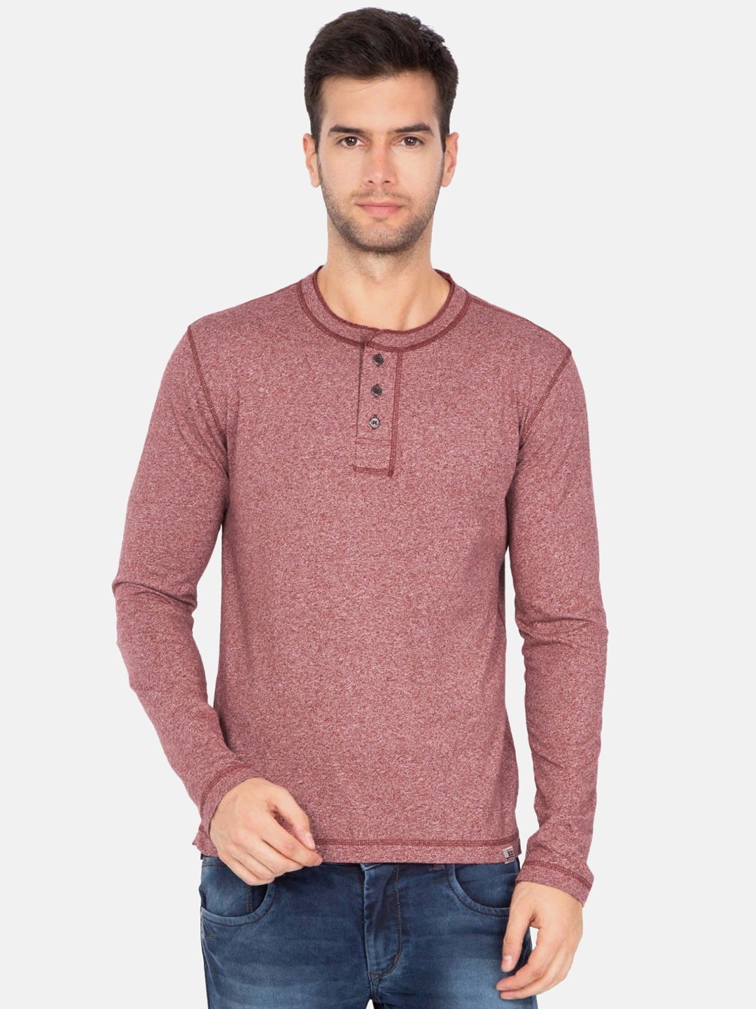 

Jockey Men Red Melange Solid Modern Fit Henley Neck Pure Cotton T-shirt