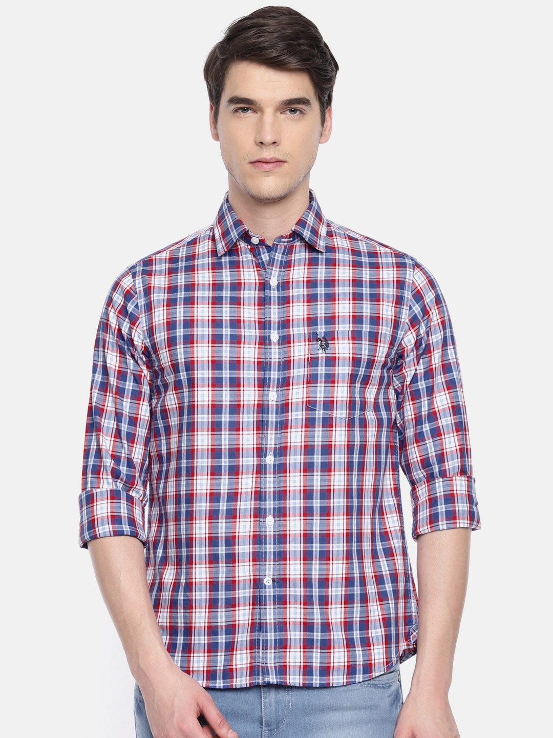 

U.S. Polo Assn. Men Red & Navy Blue Tailored Fit Checked Casual Shirt
