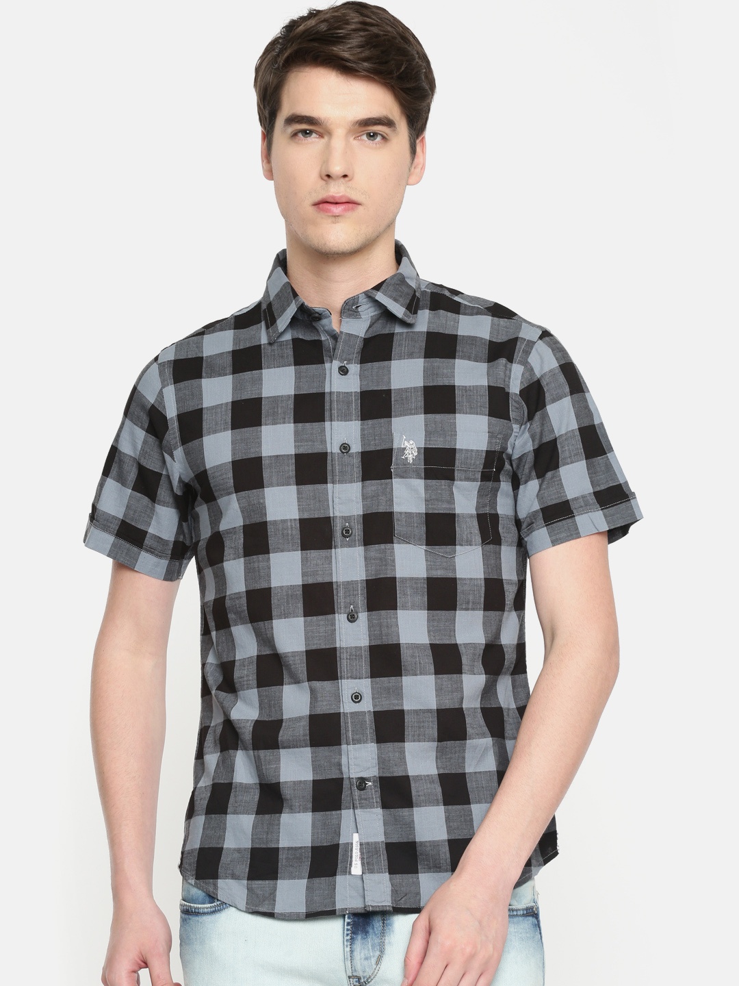 

U.S. Polo Assn. Men Grey & Black Tailored Fit Checked Casual Shirt